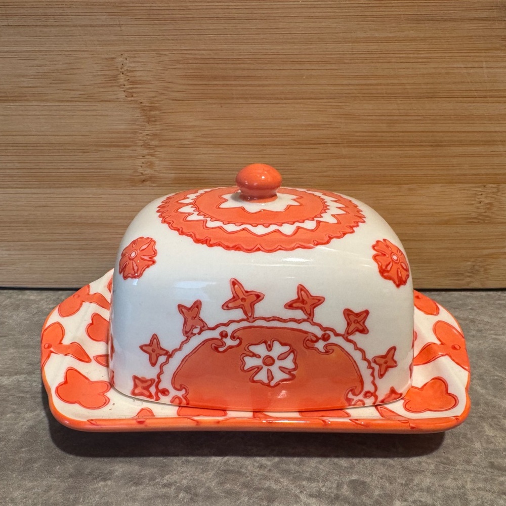 Anthropologie Orange and White Ceramic Butter Dish